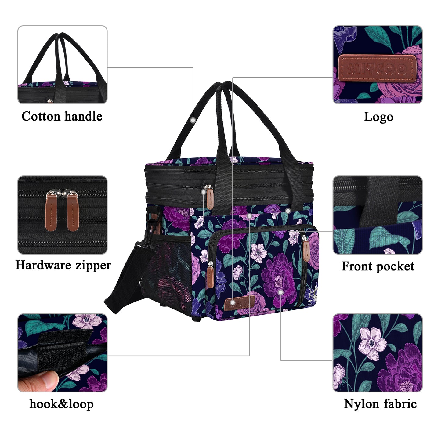 MIYCOO Double Deck Lunch Bag & Lunch Box, Purple Flower