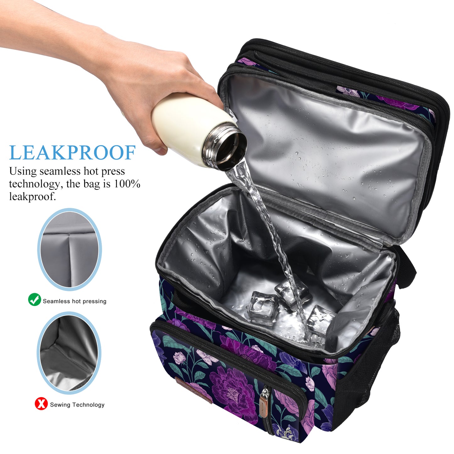MIYCOO Double Deck Lunch Bag & Lunch Box, Purple Flower