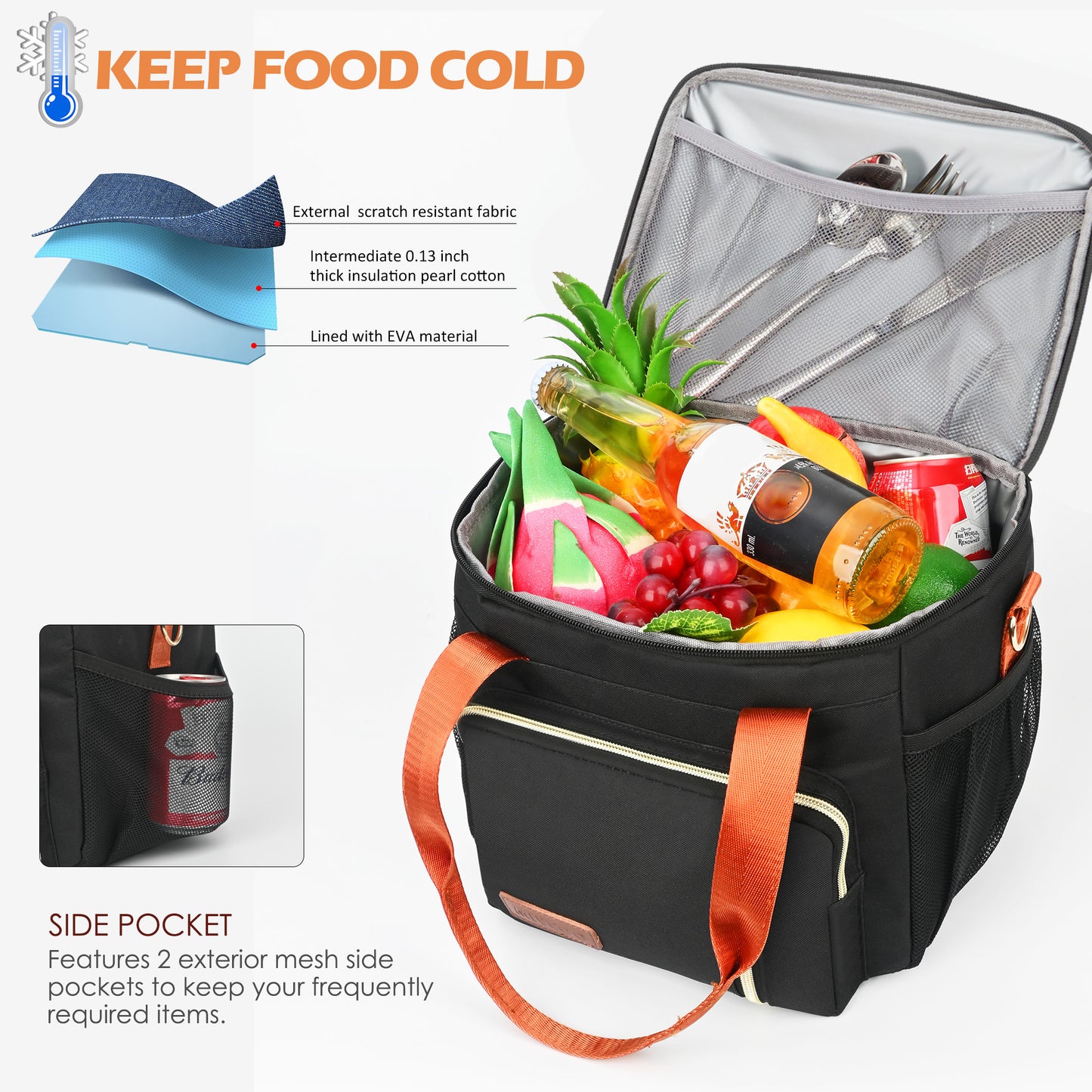 MIYCOO Insulated Lunch Bags for Women Men (Black Orange, 12L)