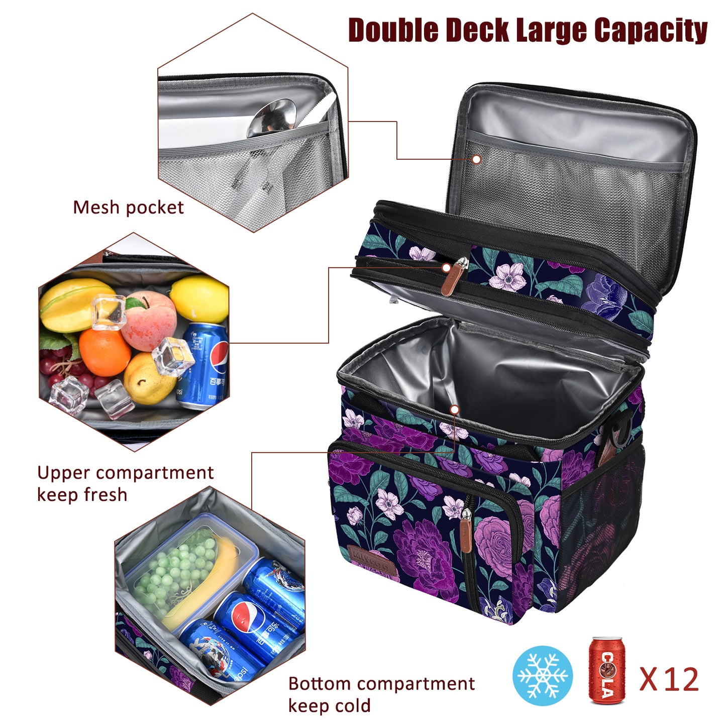 MIYCOO Double Deck Lunch Bag & Lunch Box, Purple Flower