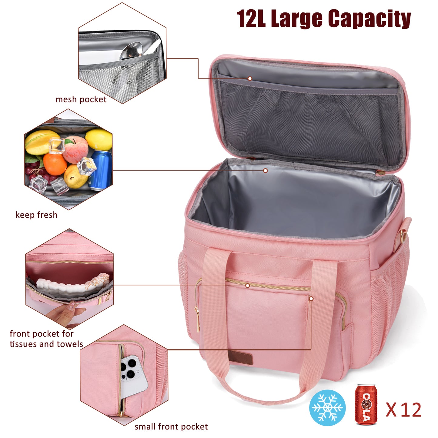 MIYCOO Insulated Lunch Bags for Women Men (Pink, 12L)