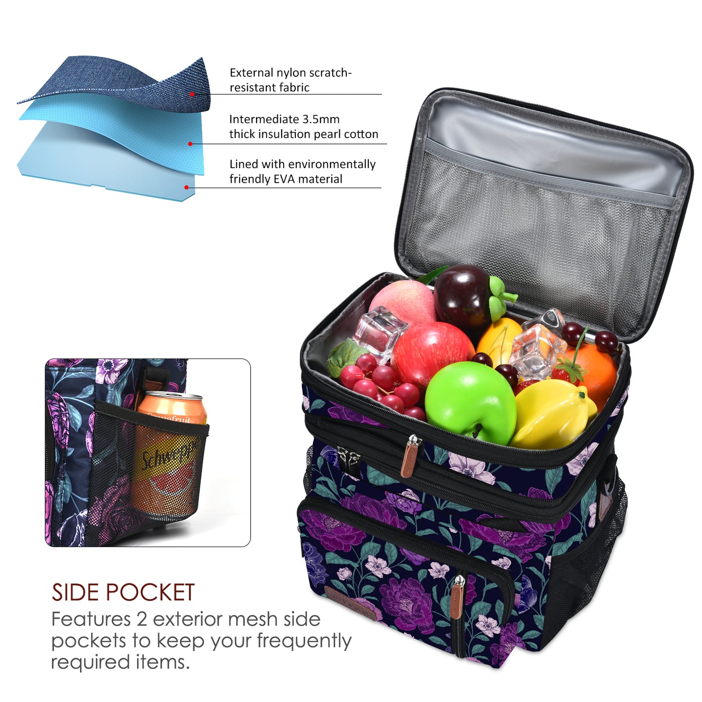 MIYCOO Double Deck Lunch Bag & Lunch Box, Purple Flower