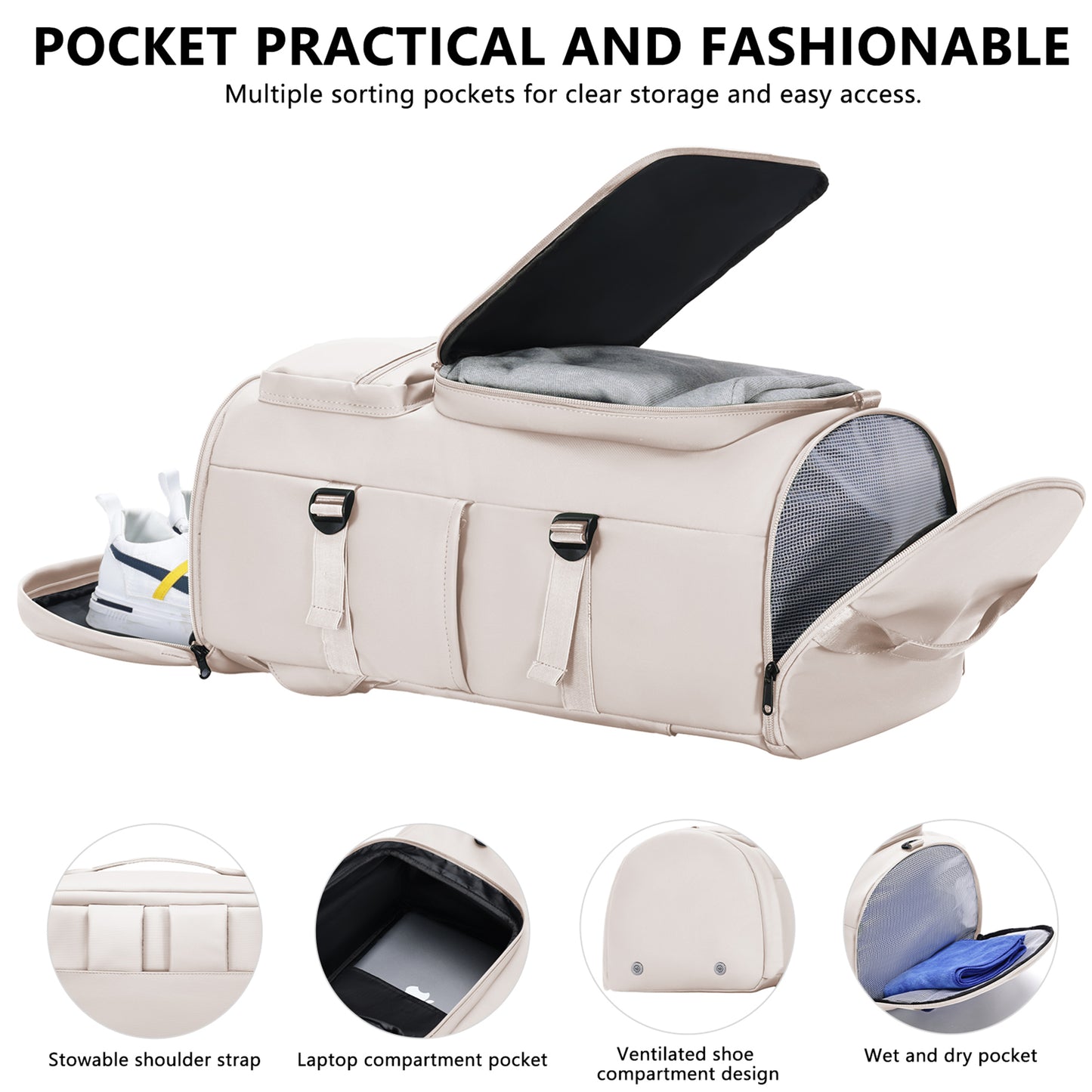 3 in 1 Duffle Bag and Gym Backpack, Beige