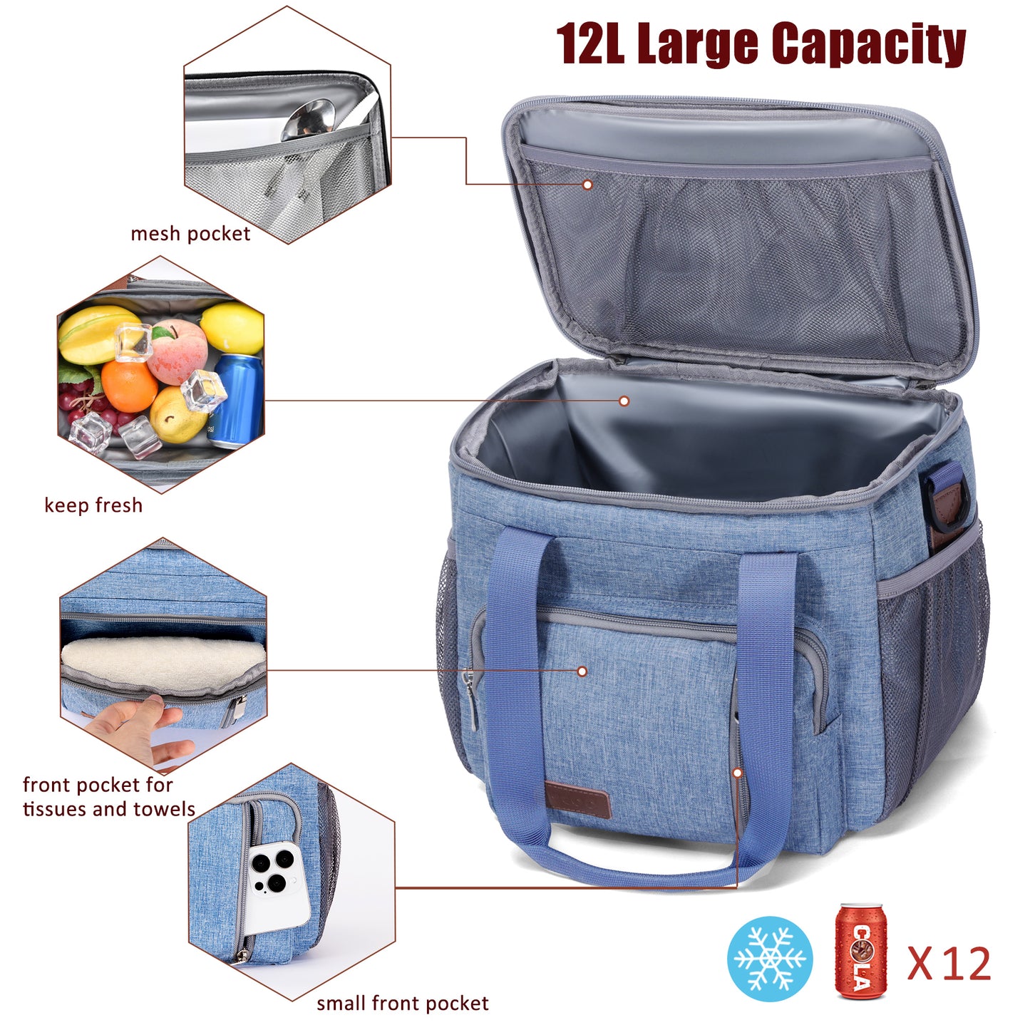 MIYCOO Insulated Lunch Bags for Men Women (Blue, 12L)