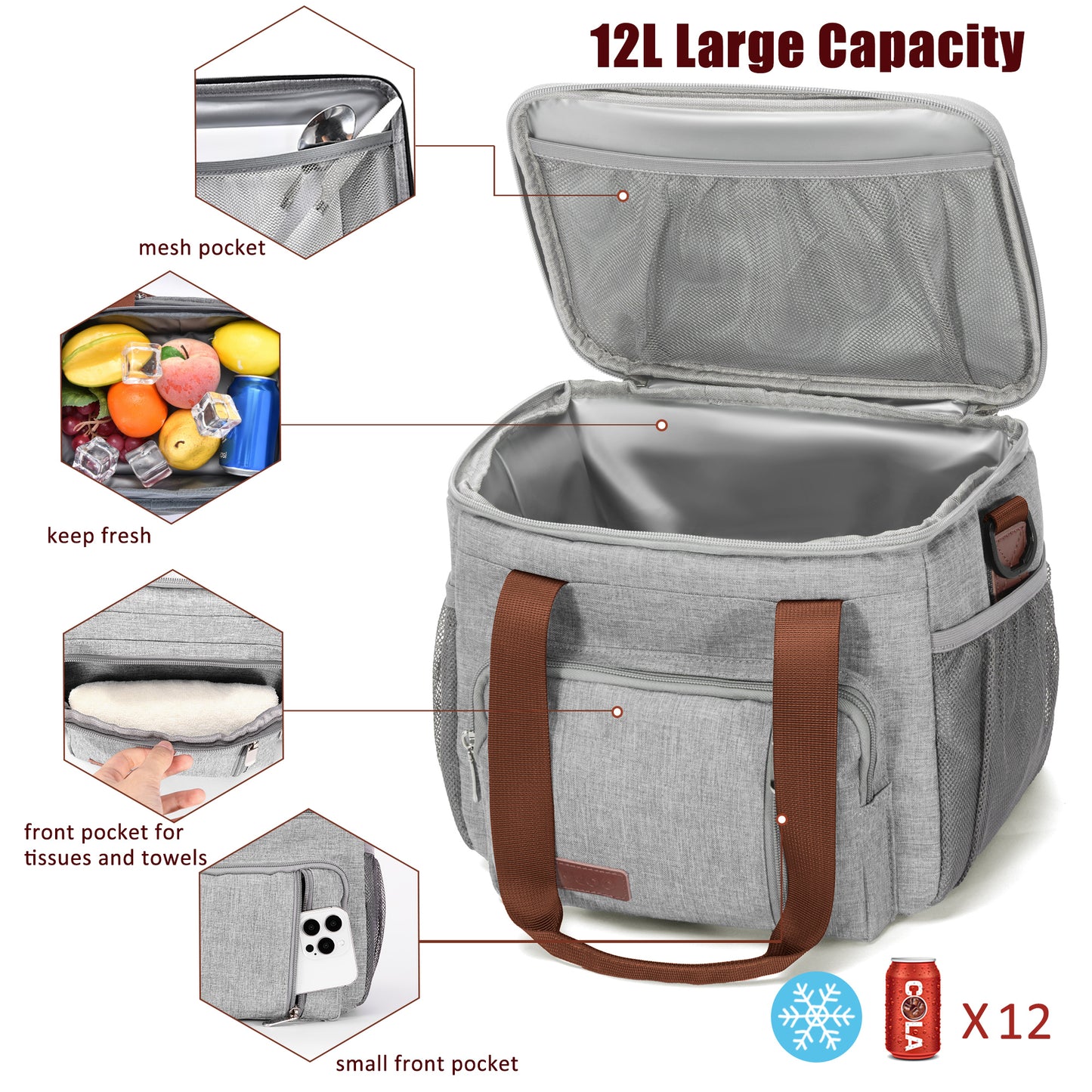 MIYCOO Insulated Lunch Bags for Women Men (Grey, 12L)