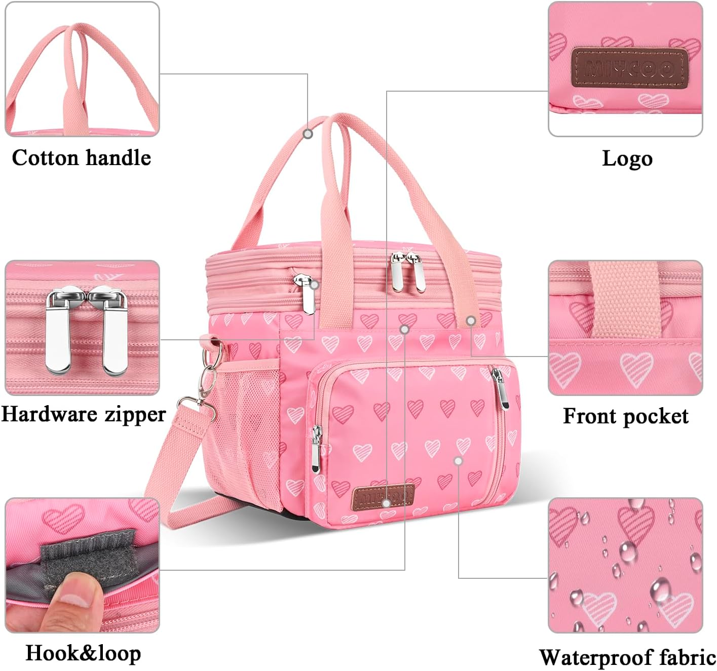 MIYCOO Double Deck Lunch Bag & Lunch Box,Pink Heart