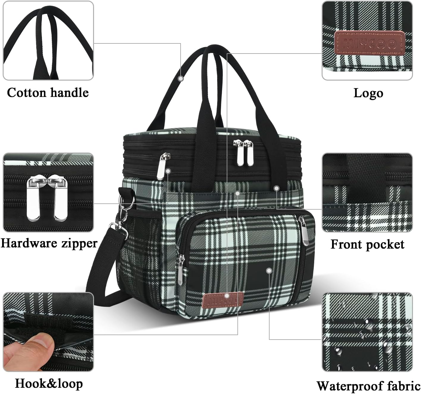 MIYCOO Double Deck Lunch Bag & Lunch Box,Checkered Black and White
