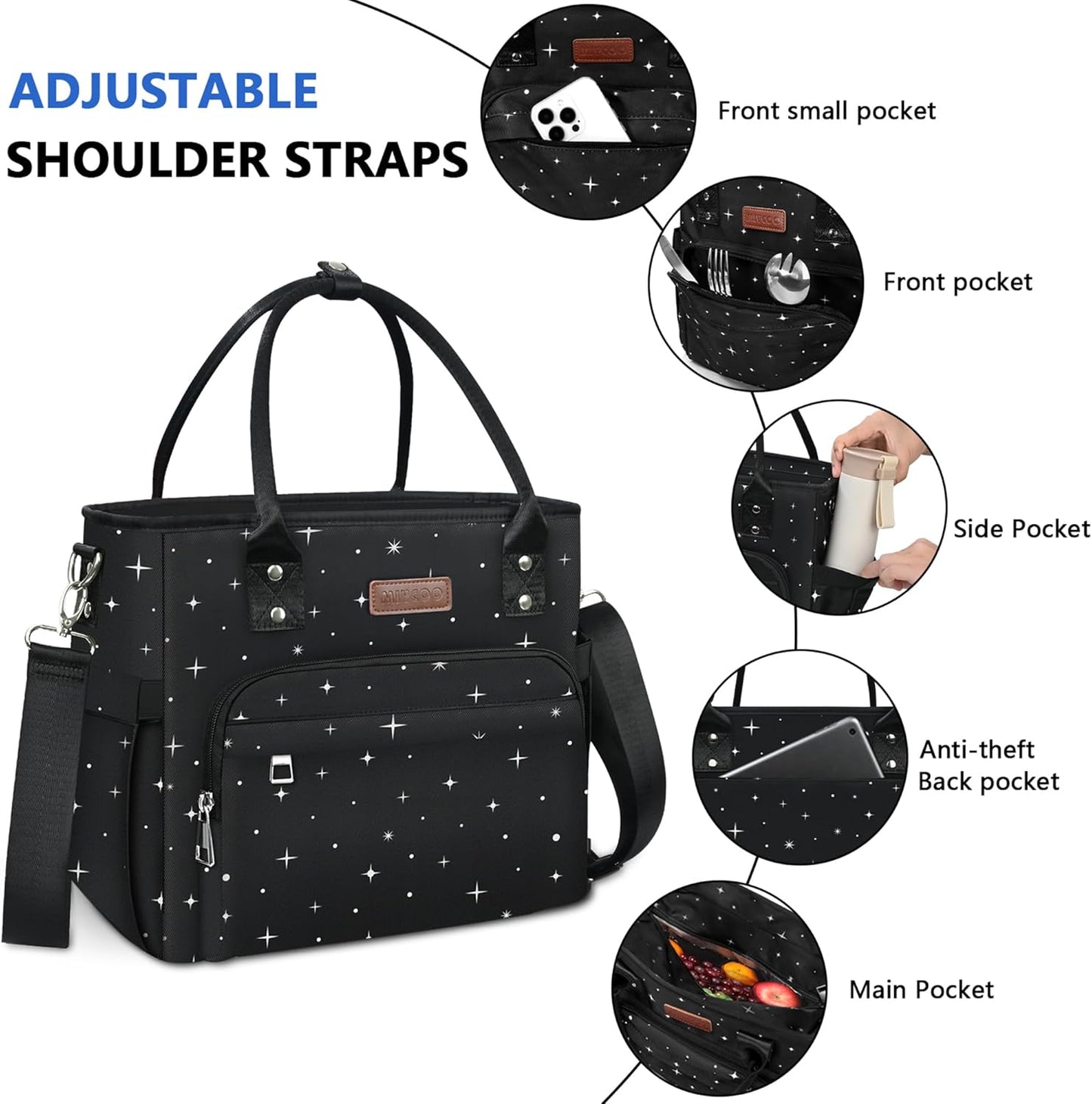 MIYCOO Lunch Bag Lunch Box Women, Black Starry Sky