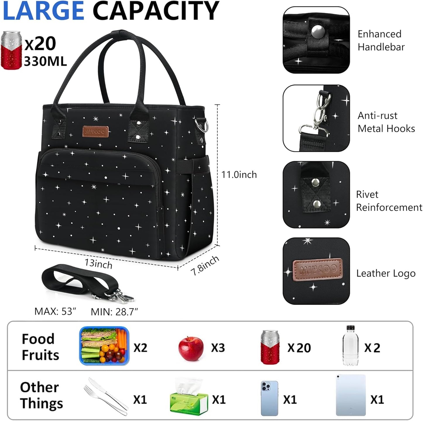 MIYCOO Lunch Bag Lunch Box Women, Black Starry Sky