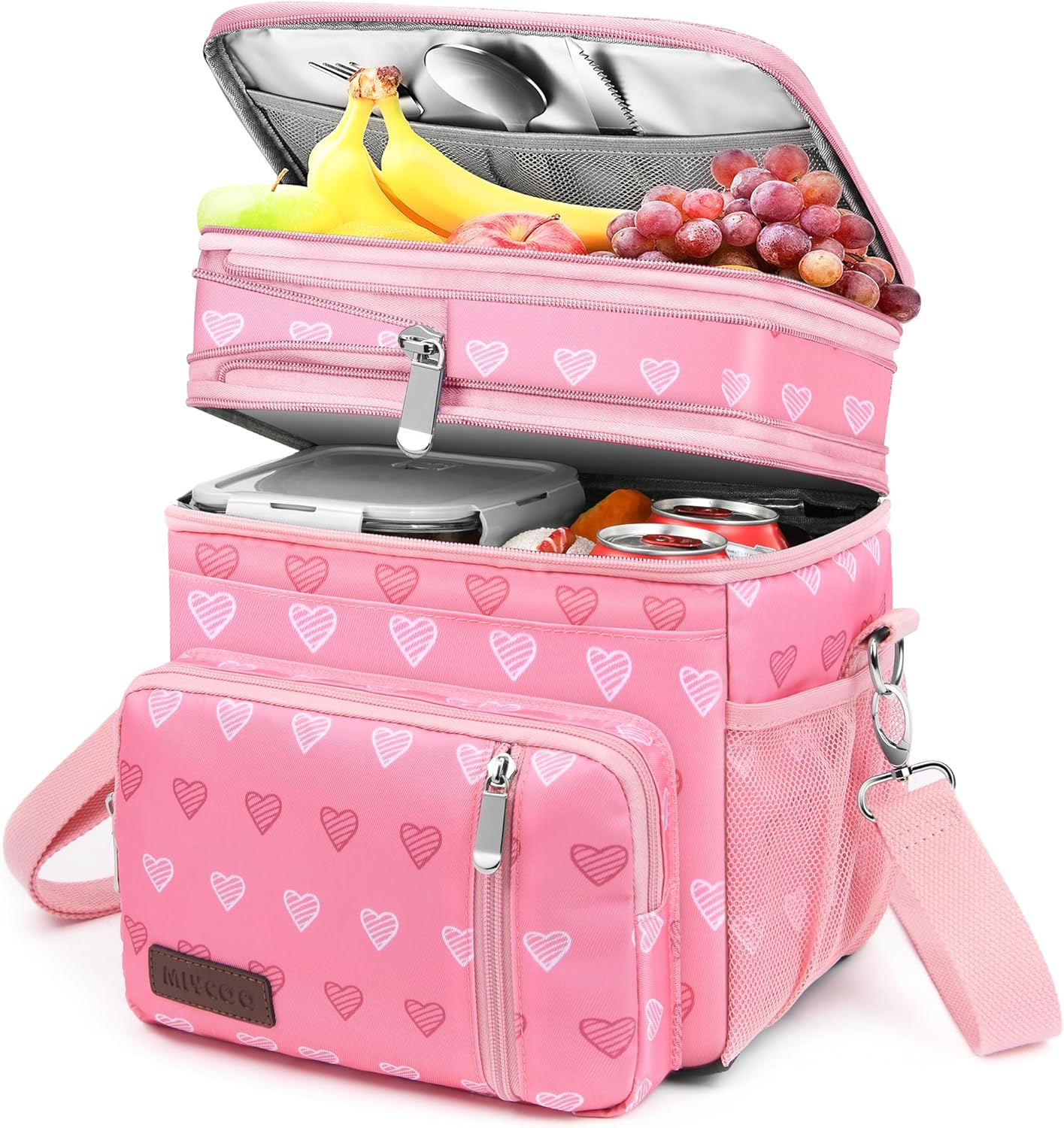 MIYCOO Double Deck Lunch Bag & Lunch Box,Pink Heart