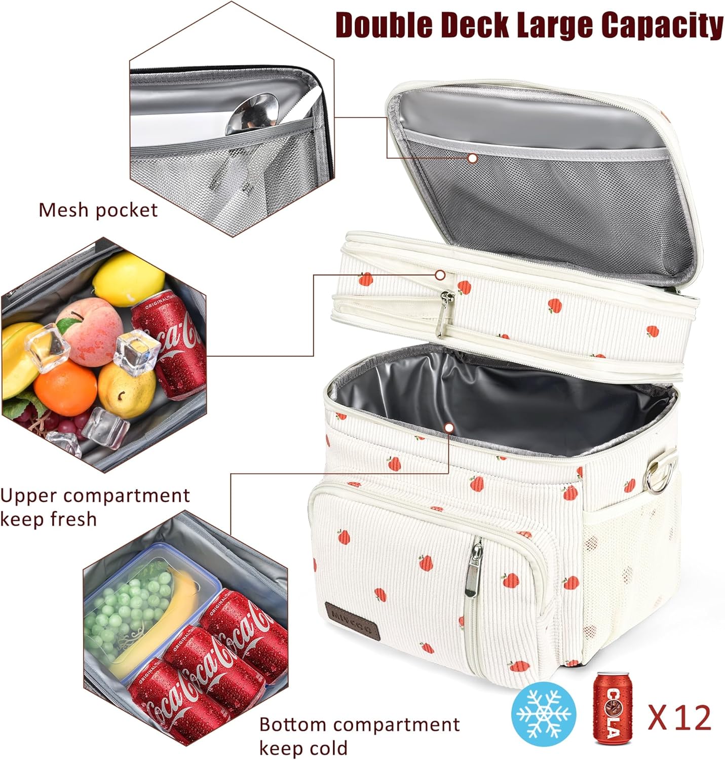 MIYCOO Double Deck Lunch Bag & Lunch Box,Corduroy Apple