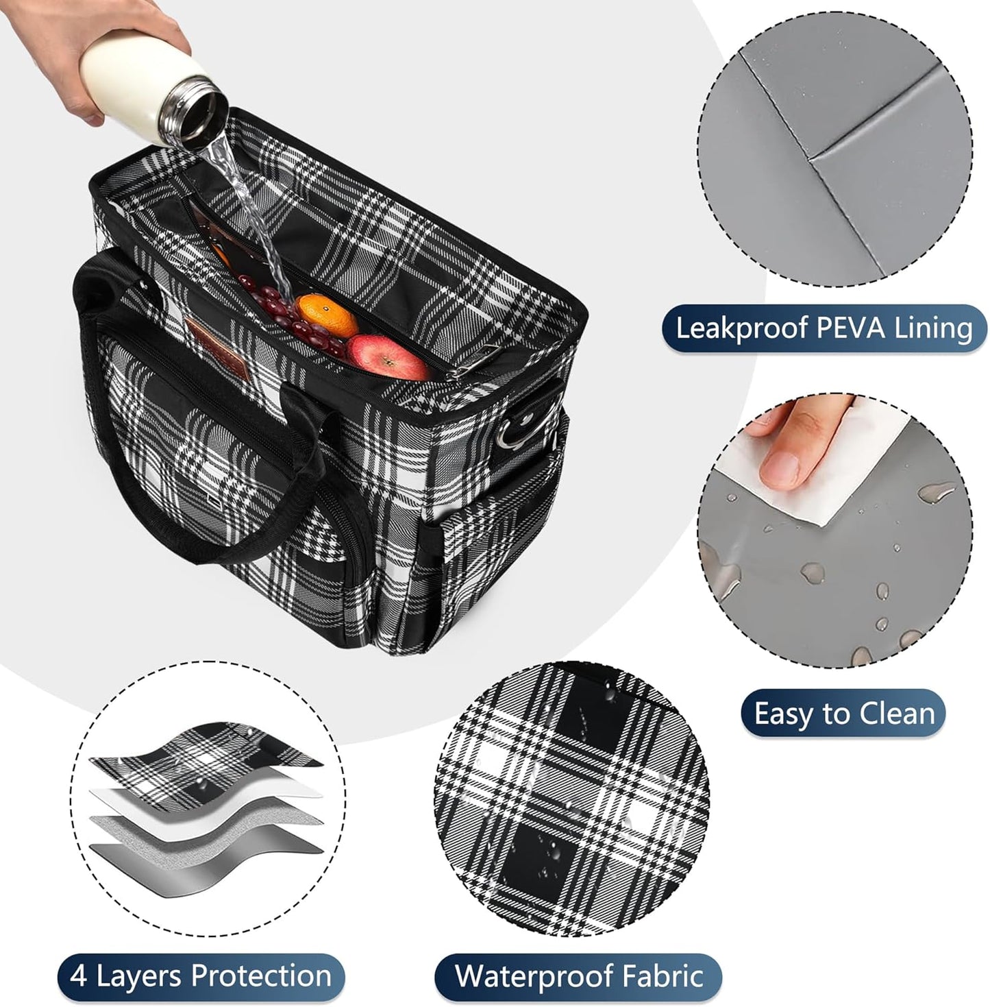 MIYCOO Lunch Bag Lunch Box Women, Checkered Black and White