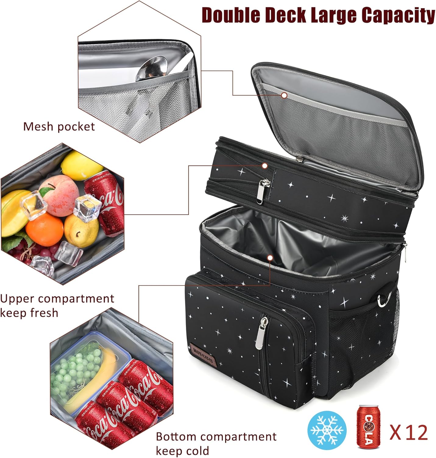 MIYCOO Double Deck Lunch Bag & Lunch Box,Black Starry Sky