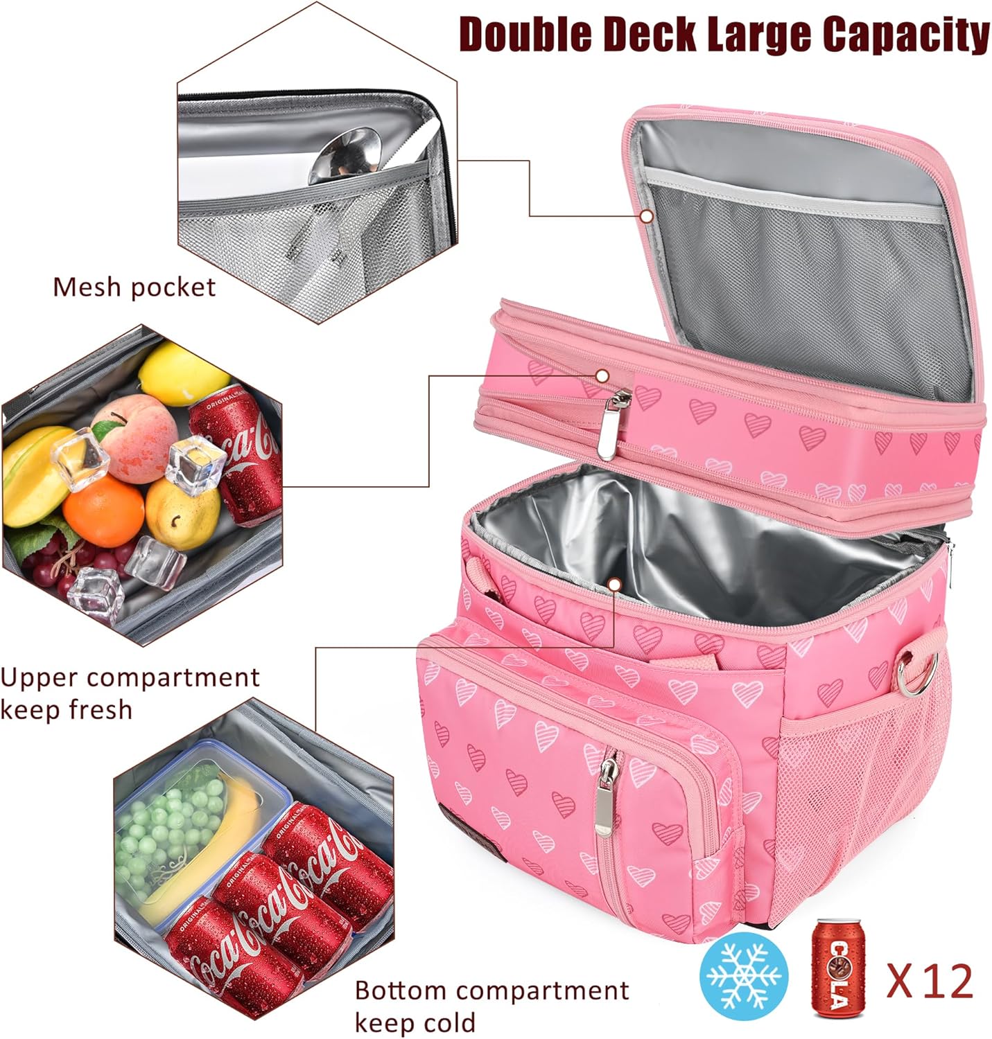 MIYCOO Double Deck Lunch Bag & Lunch Box,Pink Heart