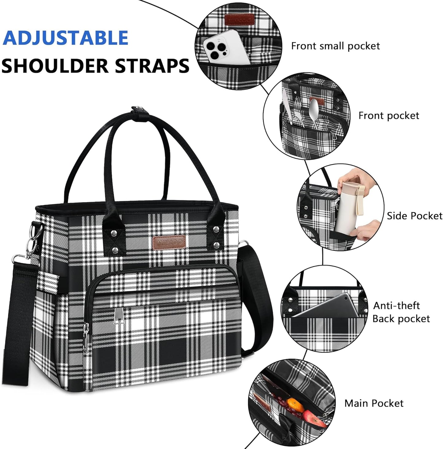 MIYCOO Lunch Bag Lunch Box Women, Checkered Black and White