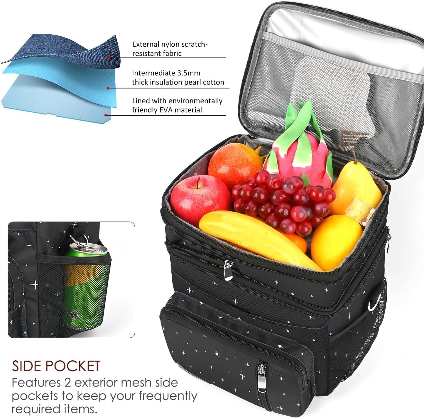 MIYCOO Double Deck Lunch Bag & Lunch Box,Black Starry Sky