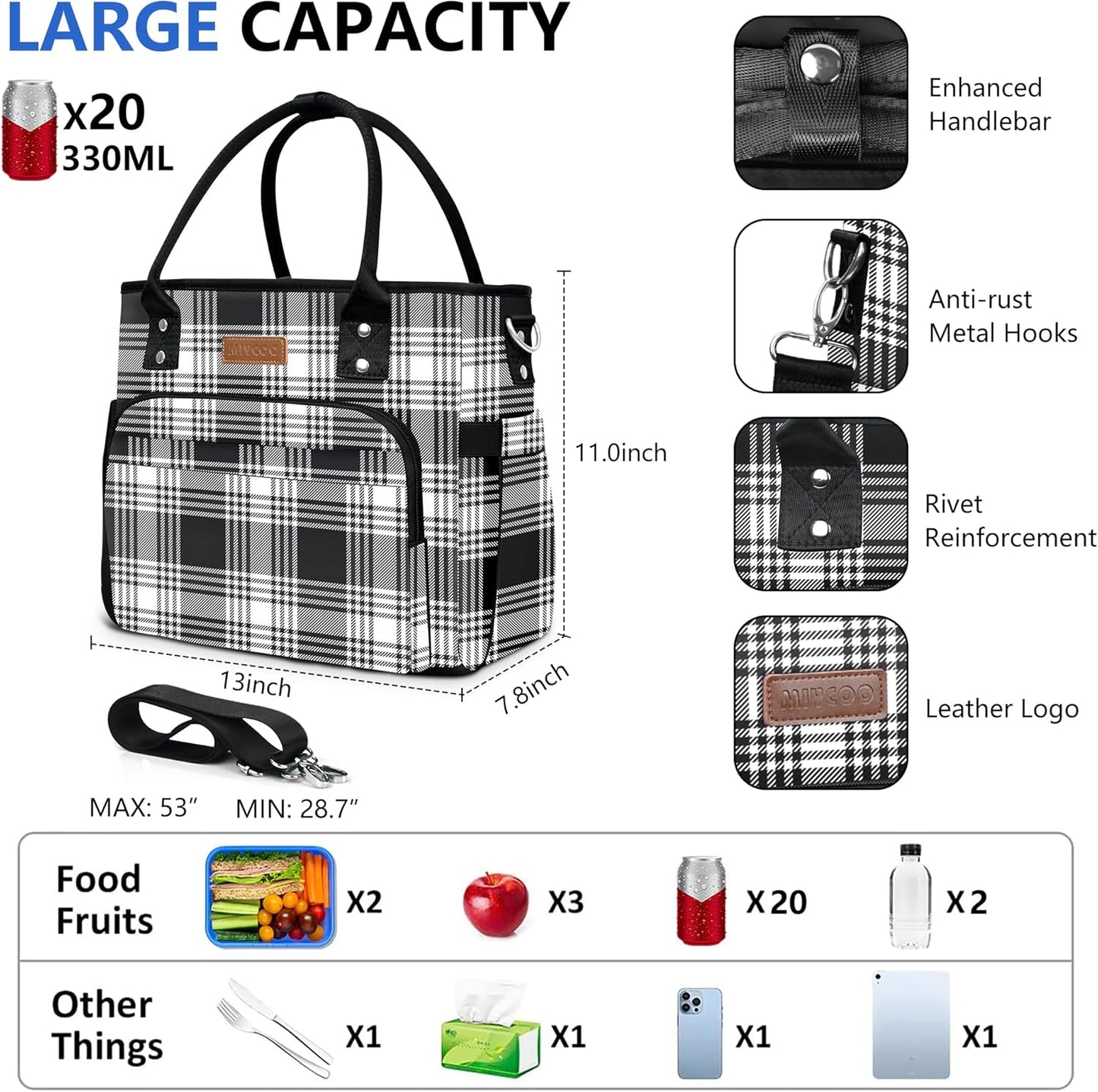 MIYCOO Lunch Bag Lunch Box Women, Checkered Black and White