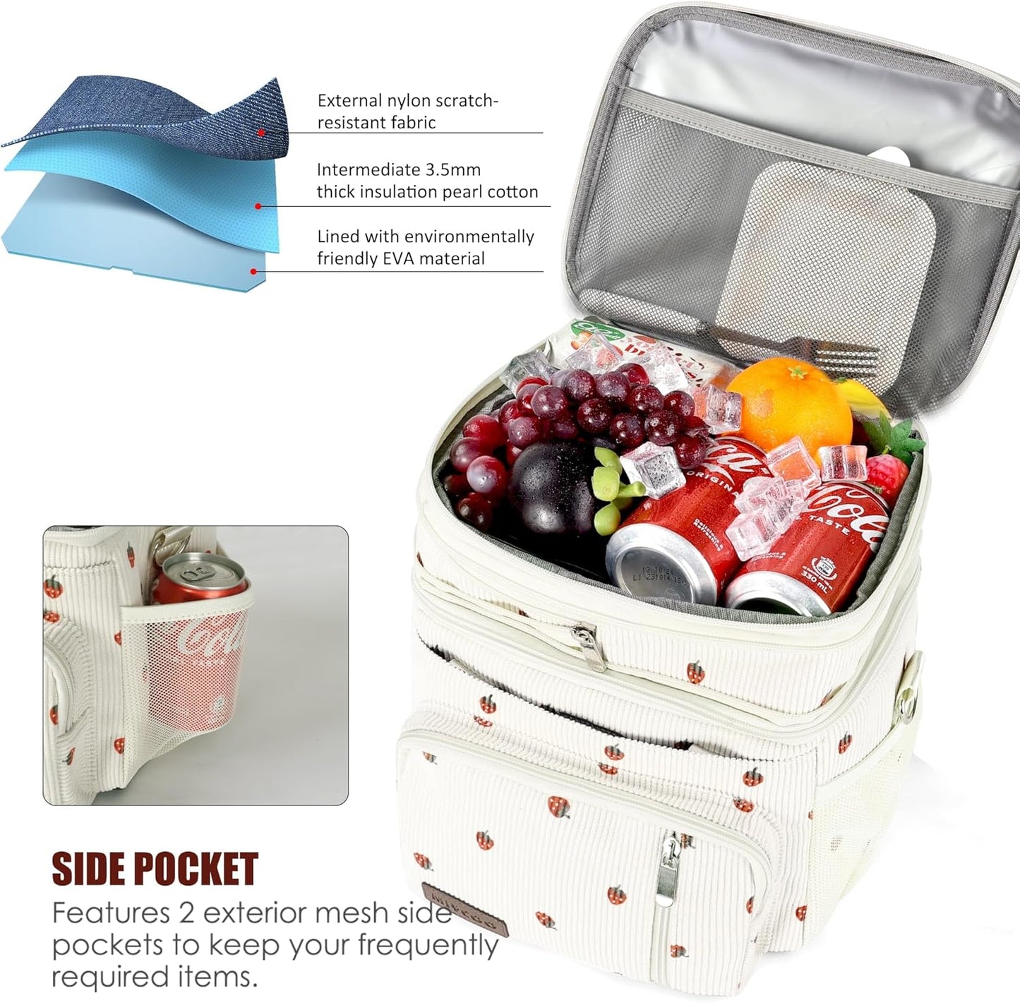 MIYCOO Double Deck Lunch Bag & Lunch Box,Corduroy Strawberry