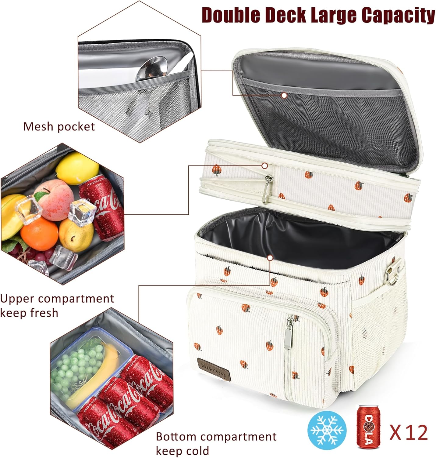 MIYCOO Double Deck Lunch Bag & Lunch Box,Corduroy Strawberry