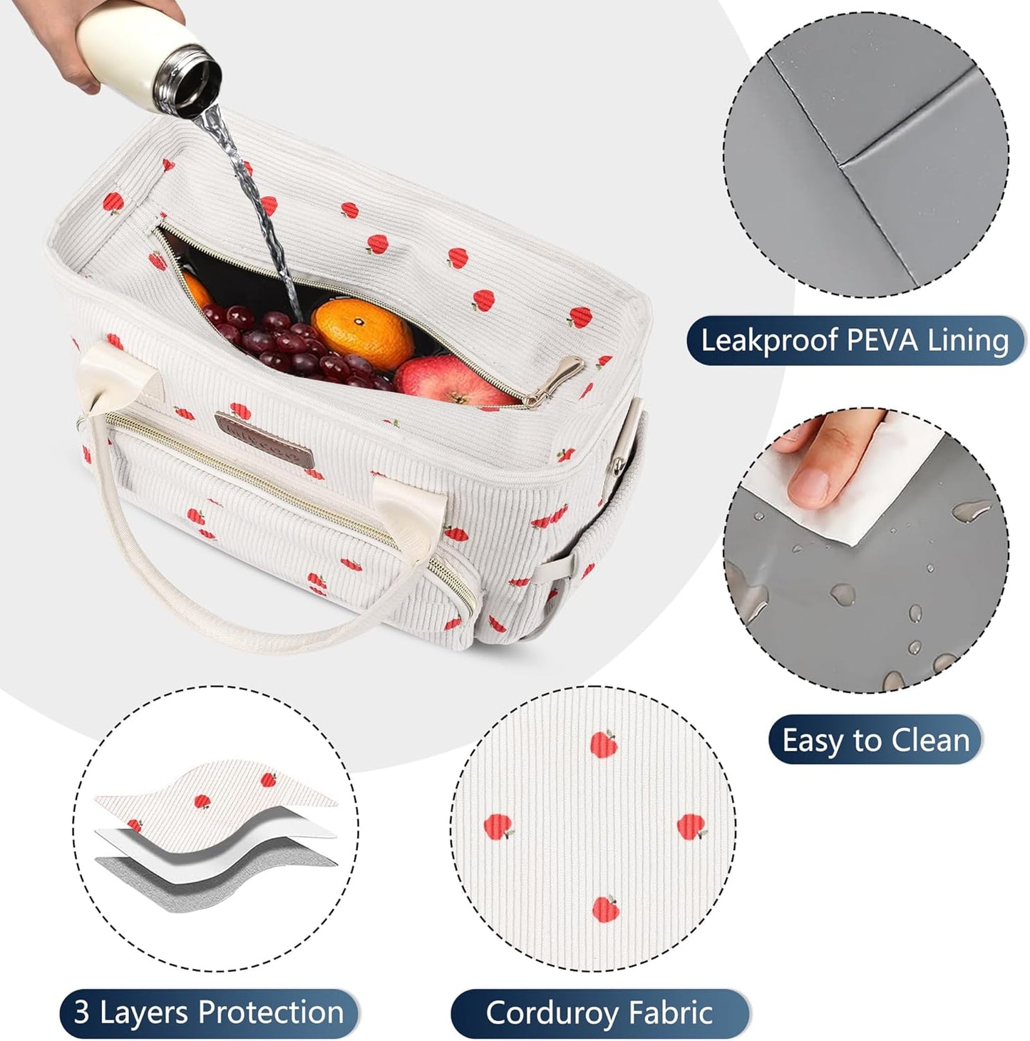 MIYCOO Lunch Bag Lunch Box Women, Corduroy Apple
