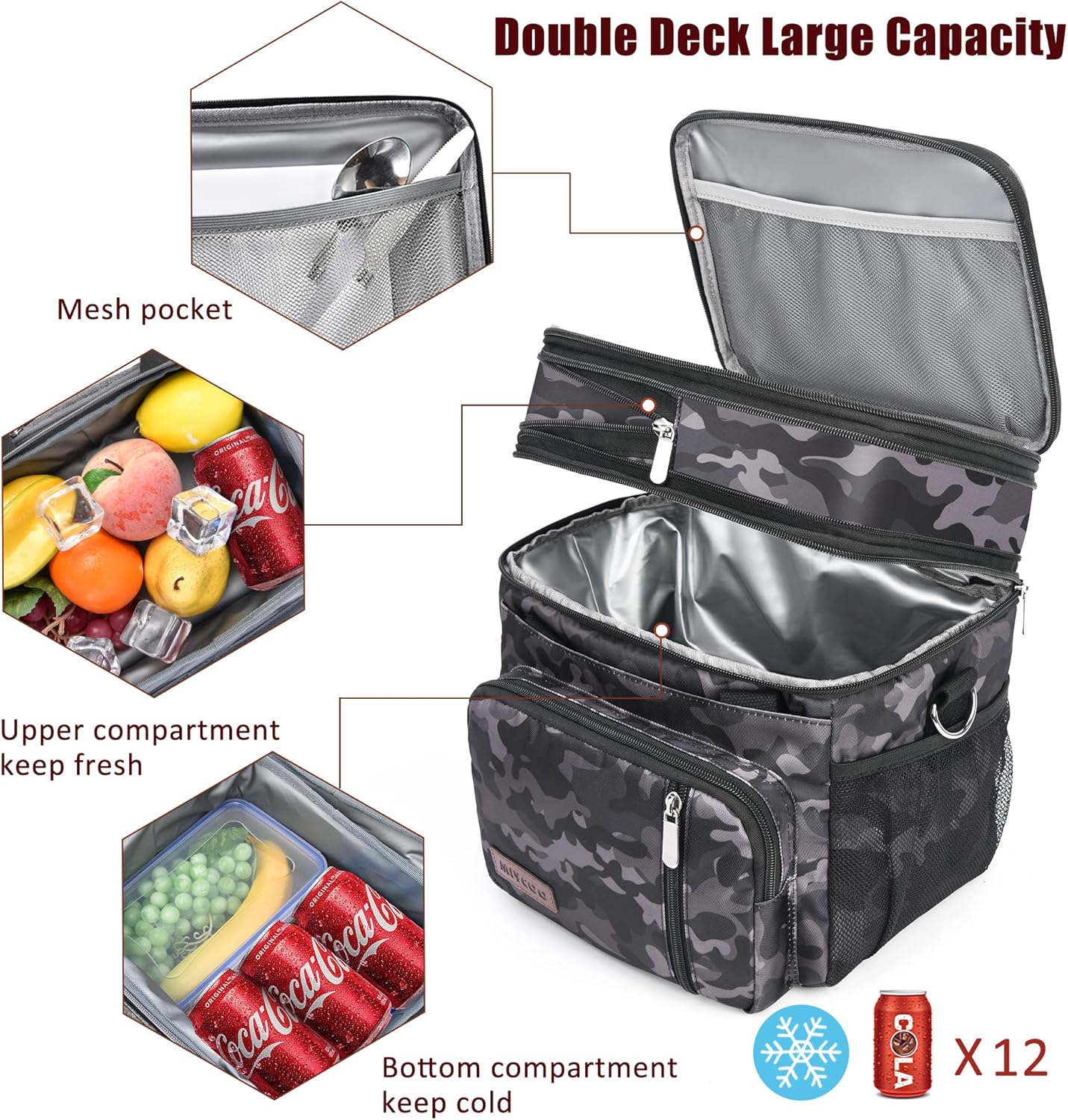MIYCOO Double Deck Lunch Bag & Lunch Box,Black Camo