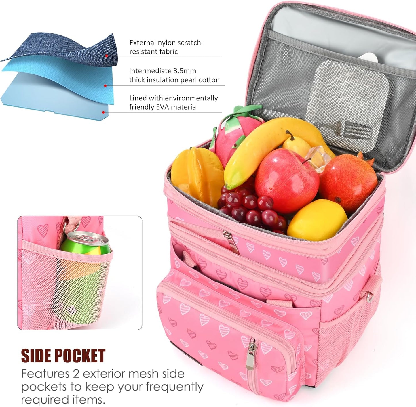 MIYCOO Double Deck Lunch Bag & Lunch Box,Pink Heart