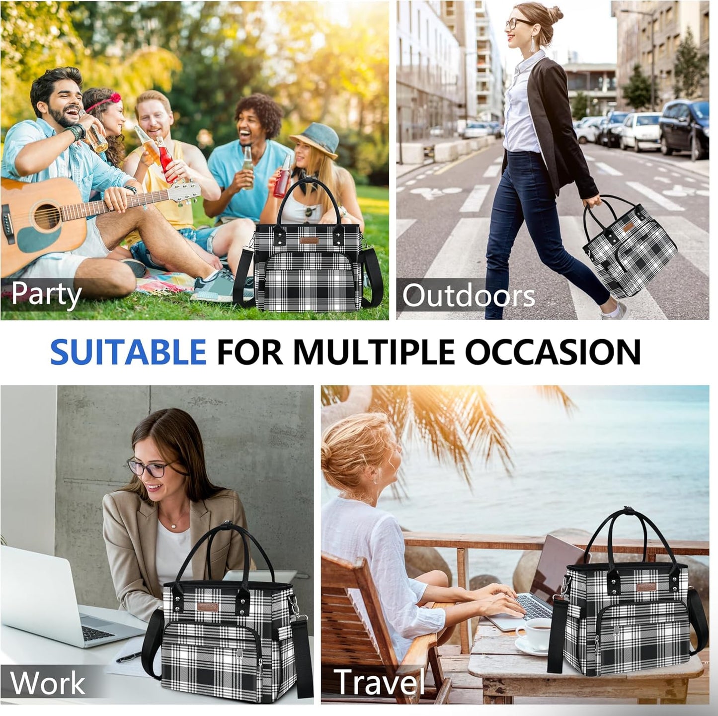 MIYCOO Lunch Bag Lunch Box Women, Checkered Black and White