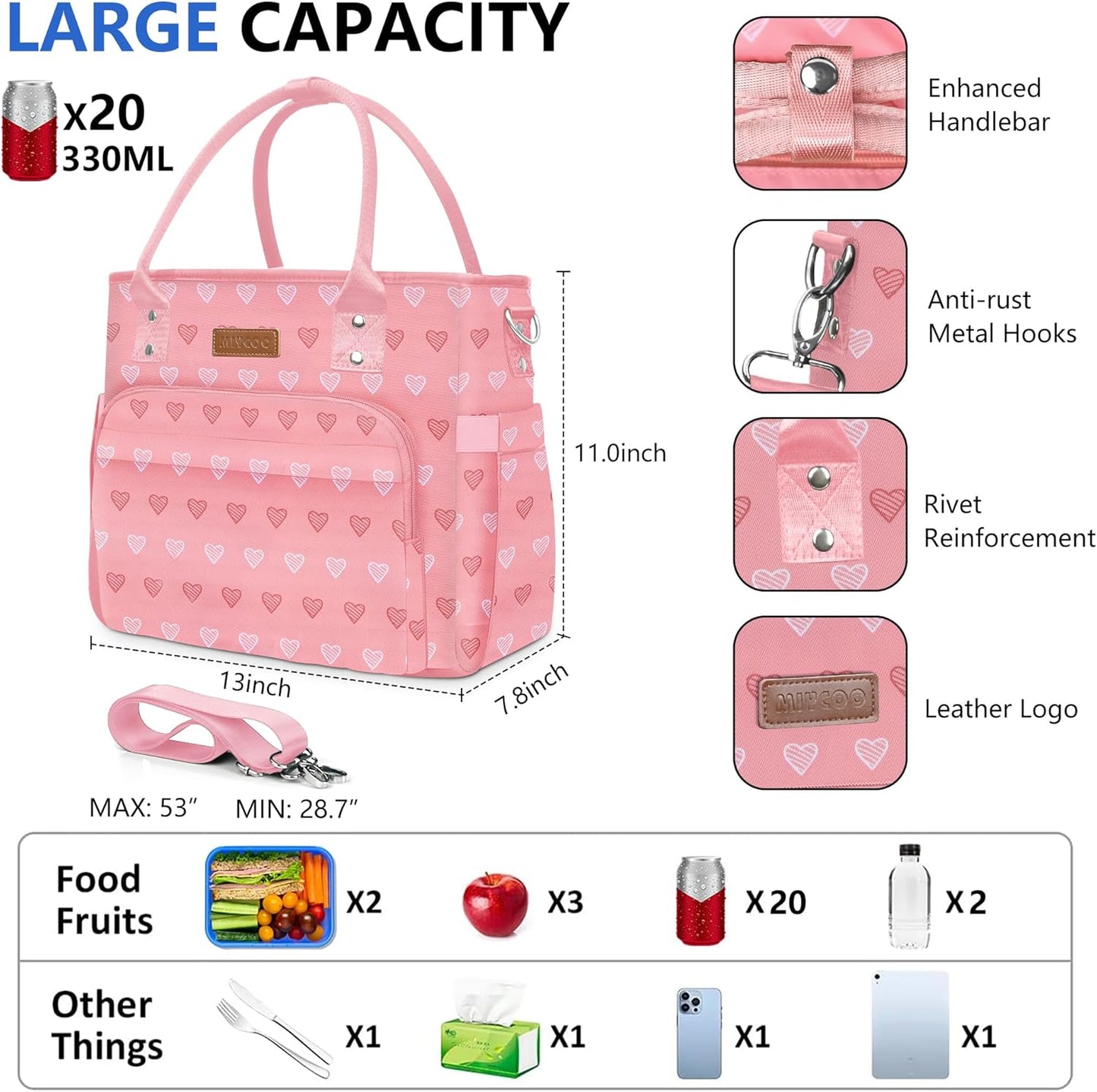 MIYCOO Lunch Bag Lunch Box Women, Pink Heart
