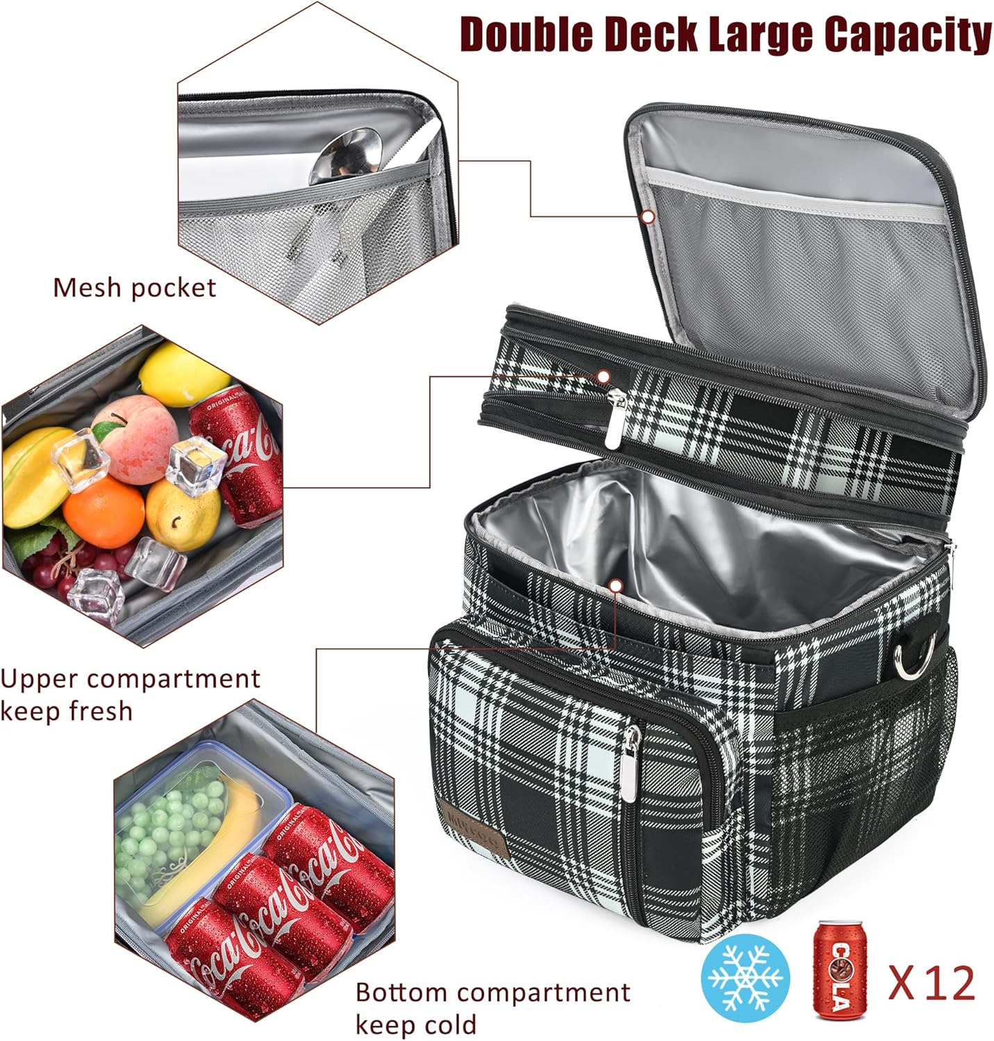 MIYCOO Double Deck Lunch Bag & Lunch Box,Checkered Black and White