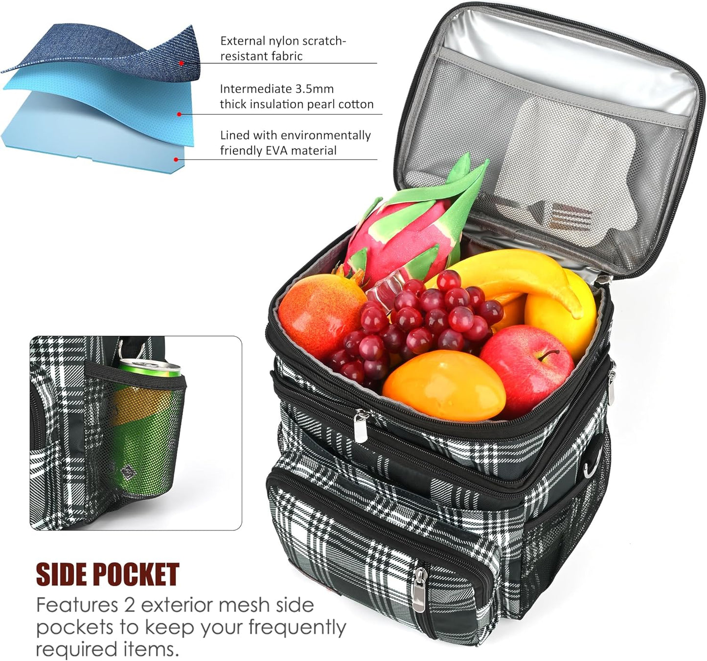MIYCOO Double Deck Lunch Bag & Lunch Box,Checkered Black and White