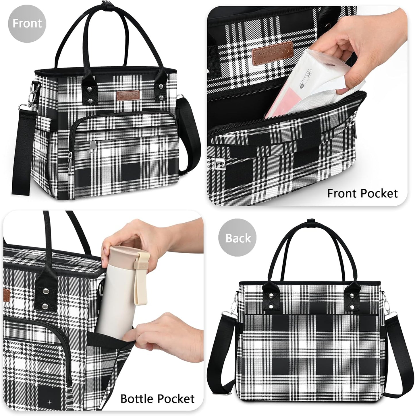MIYCOO Lunch Bag Lunch Box Women, Checkered Black and White