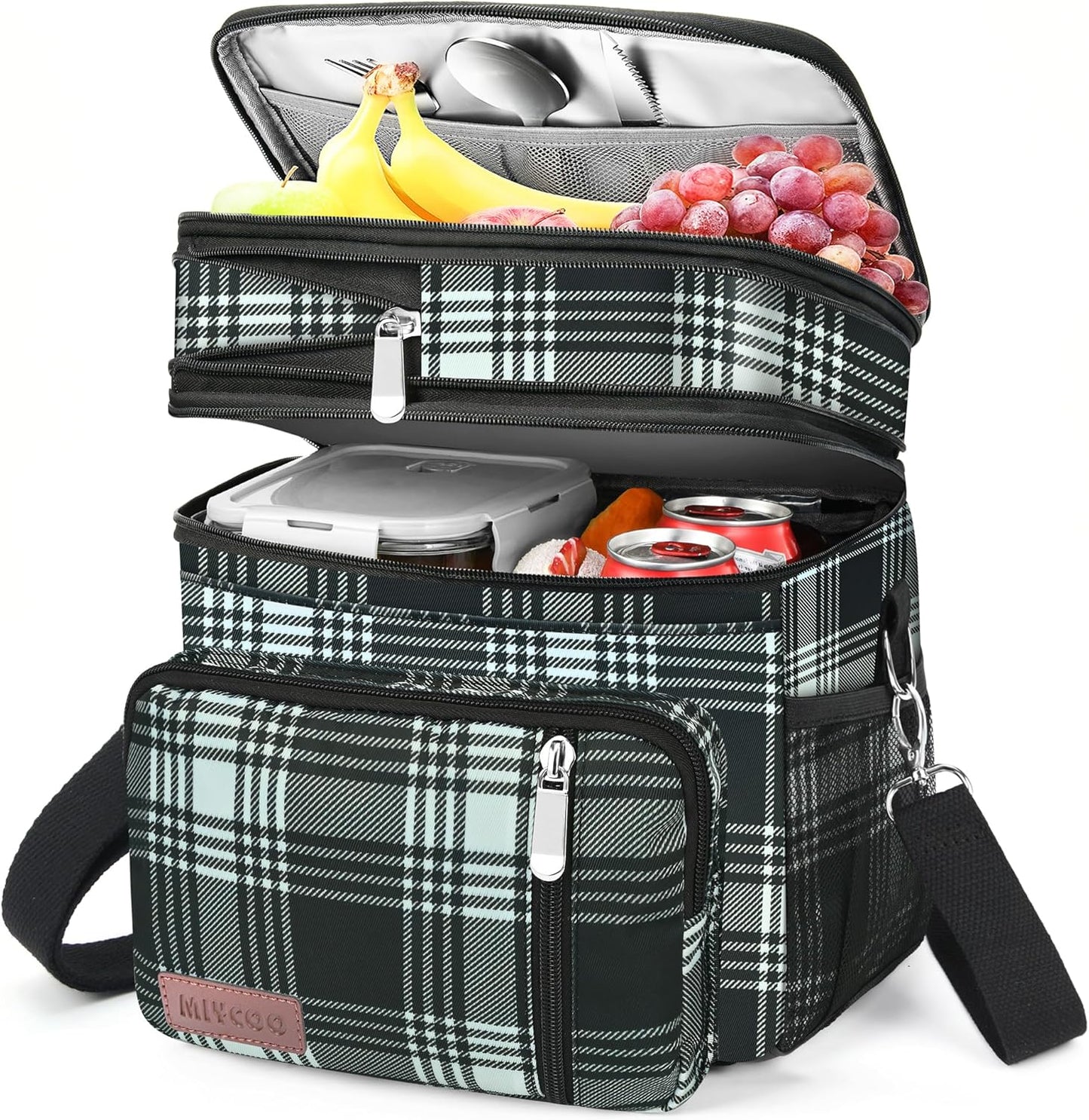 MIYCOO Double Deck Lunch Bag & Lunch Box,Checkered Black and White
